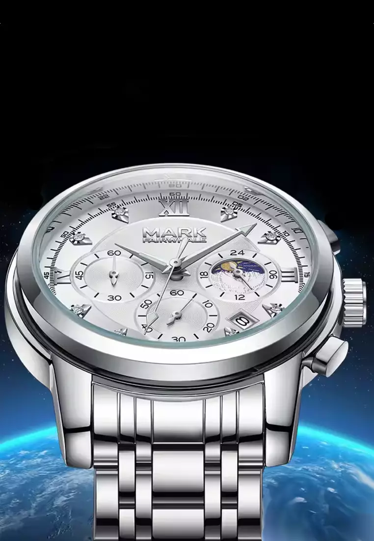 中性計時石英錶，銀色錶盤，40 毫米，鋼錶鍊