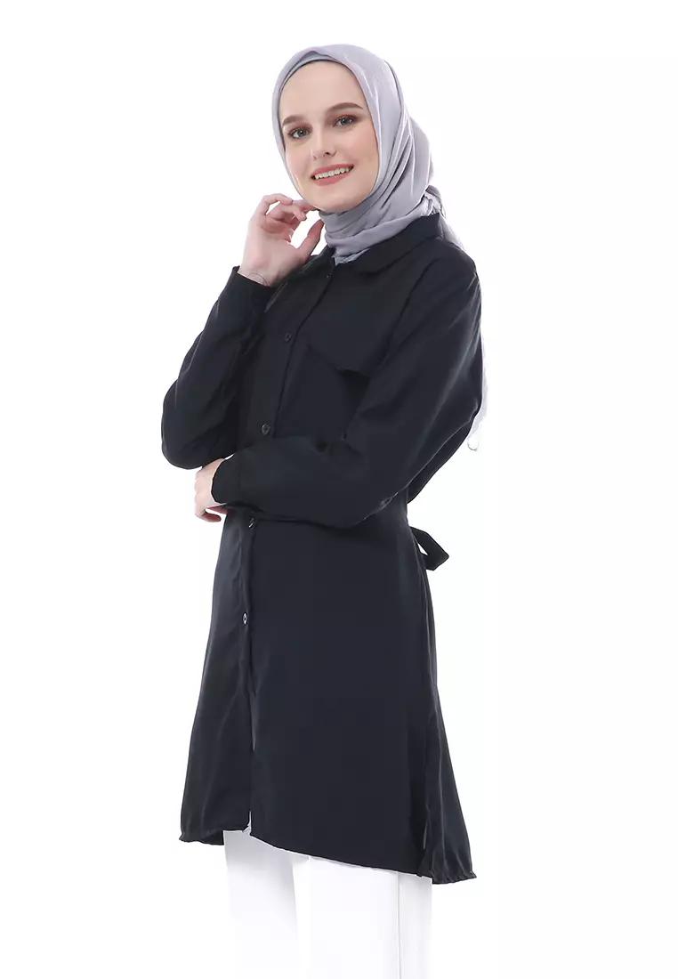 Babyla Long Tunik Pakaian Atasan Muslimah Wanita Motif Polos - Hitam