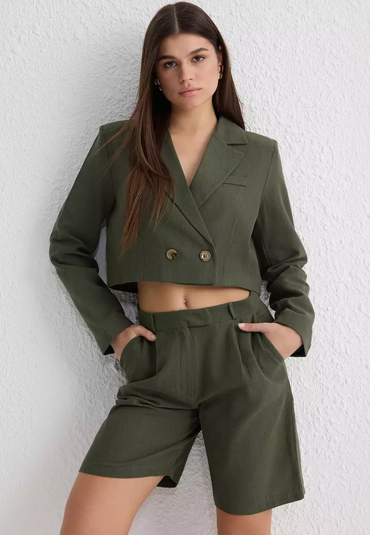 Khaki Linen Look Double Breasted Crop Short Woven Blazer Jacket
