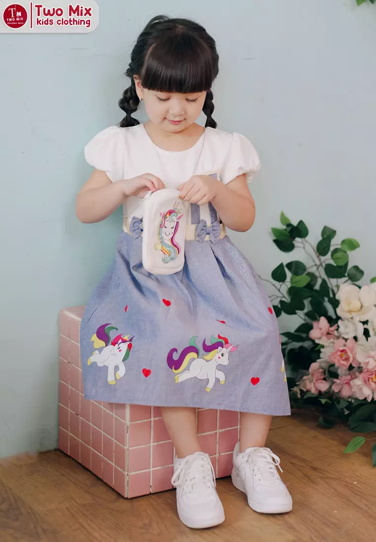 Two Mix Dress Anak Perempuan Little Pony Bonus Tas Cantik 1-12 Tahun 4252 Blue