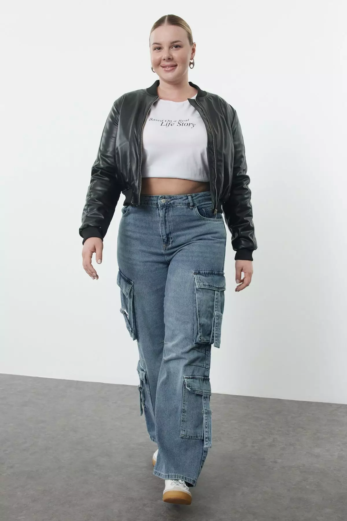 Blue High Waist Wide Leg Cargo Pocket Plus Size Wide Leg Jeans TBBSS24CJ00056