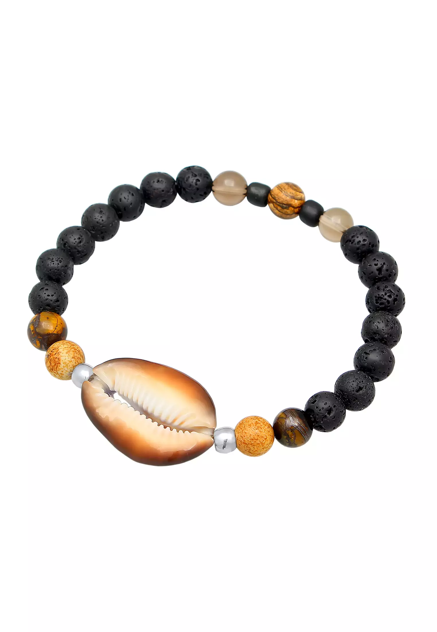 Bracelet Men Kauri Shell Pendant Lava And Tiger Eye Beads