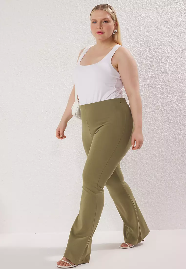 Khaki Thinner High Waist Flare/Flare Knitted Plus Size Trousers Tbbss24Ar00033