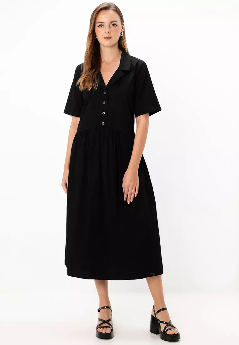Twill Collared Button Midi Smock Dress