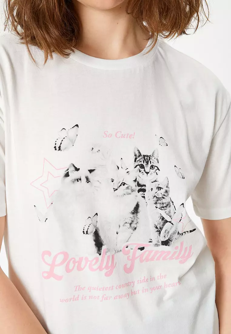 Cat Printed T-Shirt Crew Neck Oversize Short Sleeve Cotton