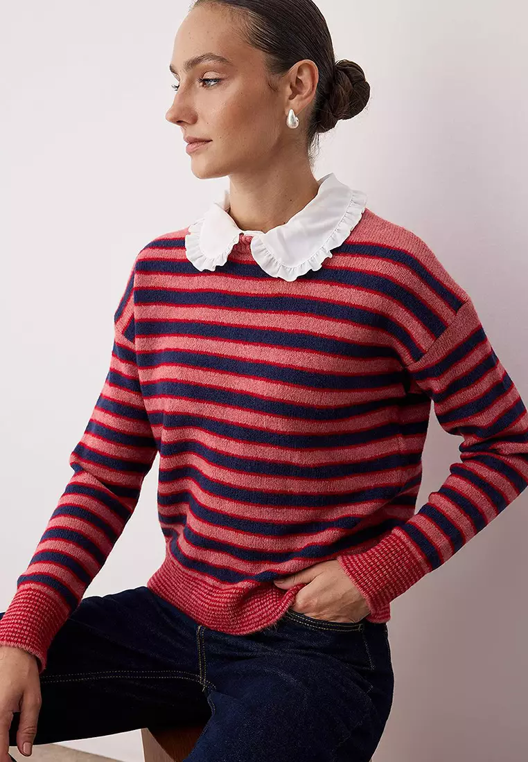 Red Detachable Collar Lace Garnish Color Block Knit Sweater