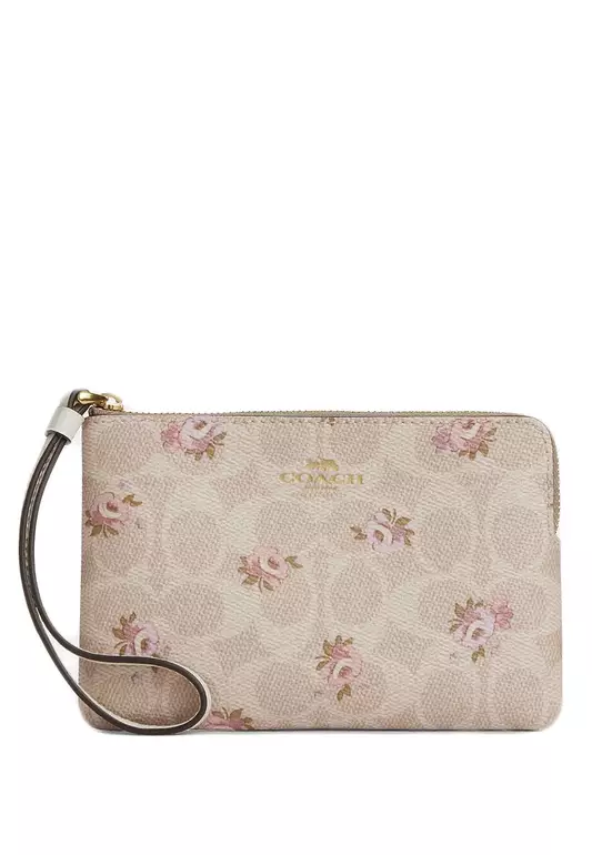 Corner Zip Wristlet In Signature Canvas With Floral Print - Sand Multi