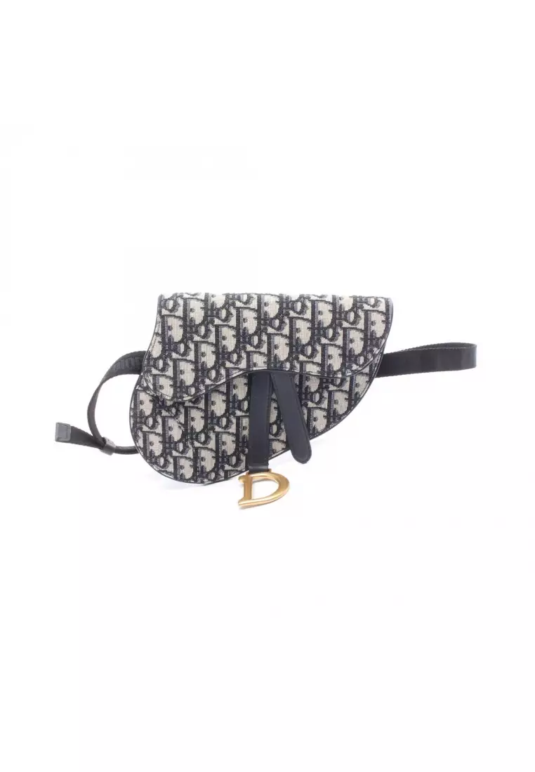 Pre-Loved Christian Dior SADDLE saddle oblique waist bag body bag canvas leather Navy gray