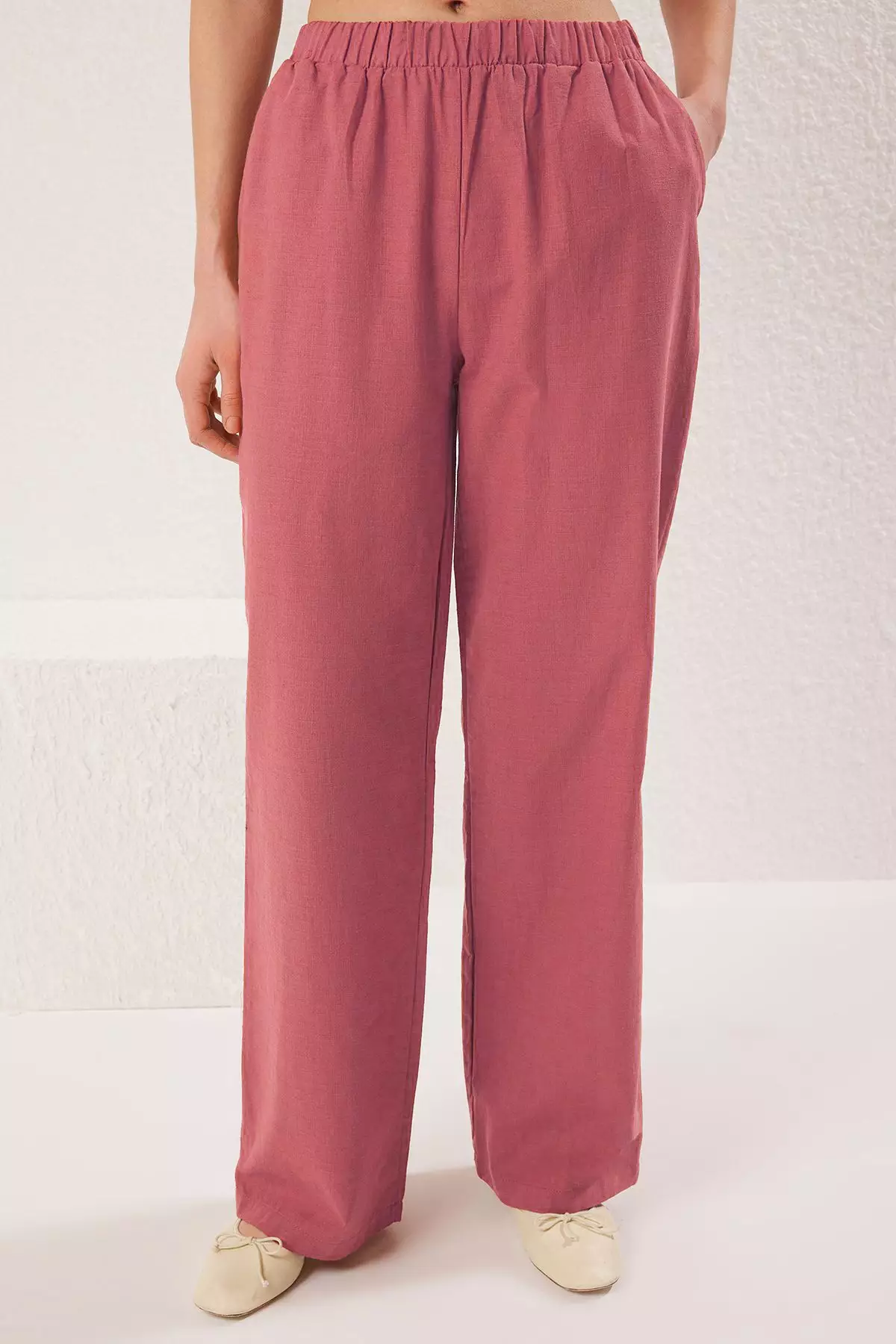 Pink Linen Look Crew Neck Blouse and Trousers Woven Double Bottom-Top Set TWOSS25AU00081