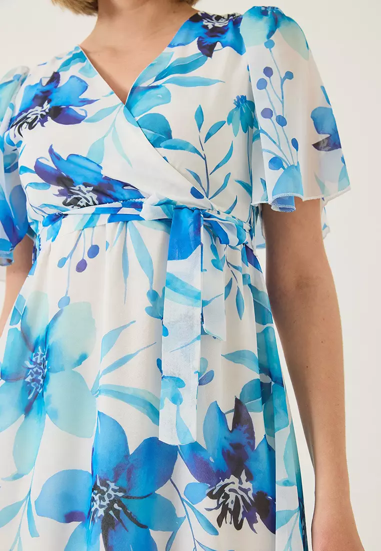 Women's Double Breasted Collar Elastic Waist Belted Lined Patterned Chiffon Dress 60283211