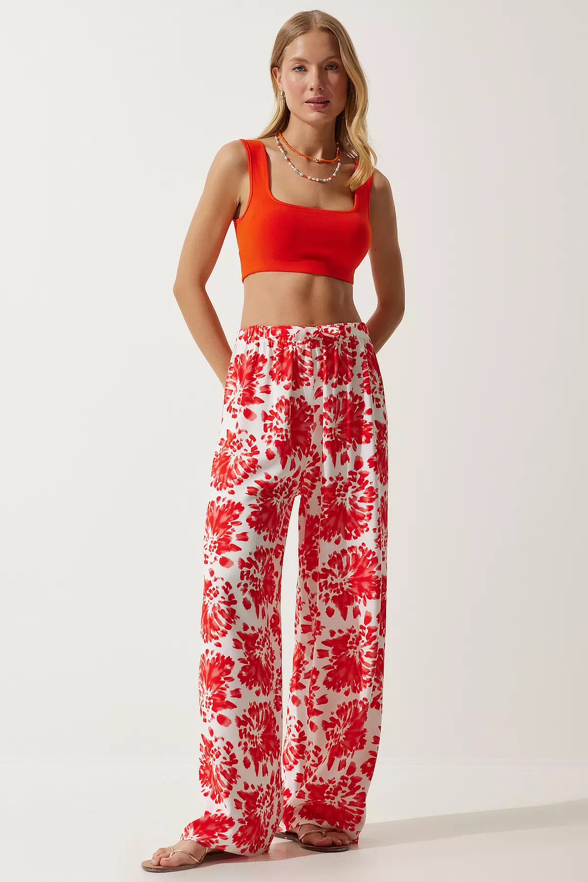 Women'S Red Ecru High Waist Summer Loose Viscose Trousers Bh00354