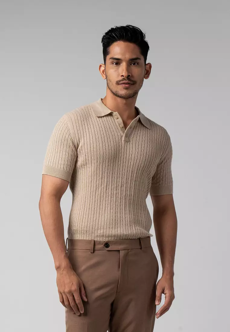 Mens Cable Knit Cotton Polo Beige