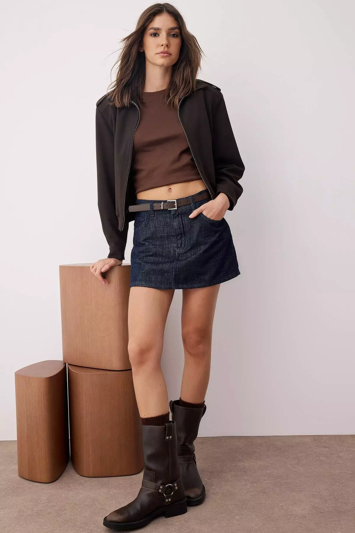 Belt Detailed Back Skirt Look Denim Skort