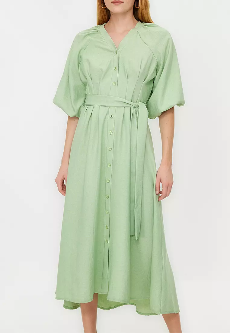 Belted Half Balloon Sleeve Shirt Dress