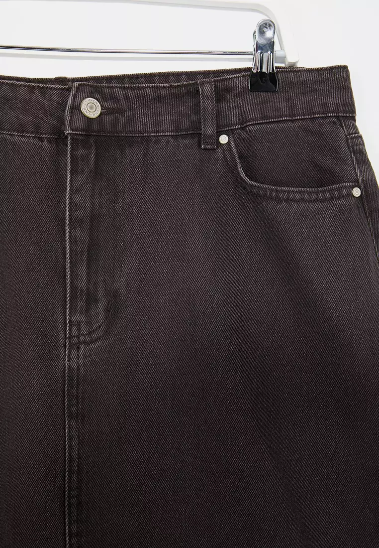 Brown Front Slit Midi Length %100 Cotton Non-Stretch Large Size Denim Skirt Tbbss23Az00054