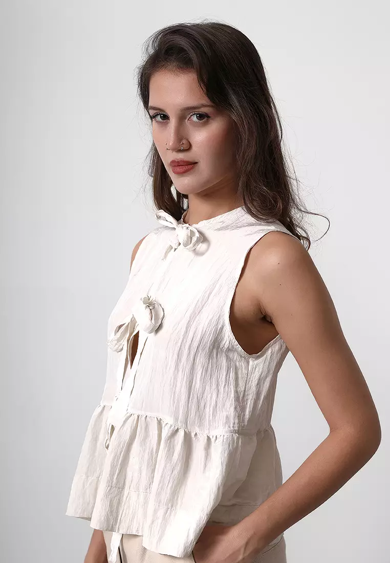 Beige Front Tie Detail Gathered Crop Woven Blouse TWOSS25BZ00156