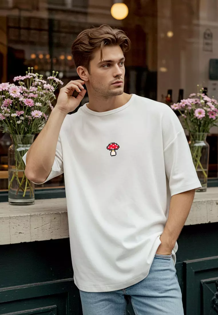 Ecru Unisex Oversize/Wide Cut Mushroom Embroidered 100% Cotton T-Shirt TMNSS24TS00070