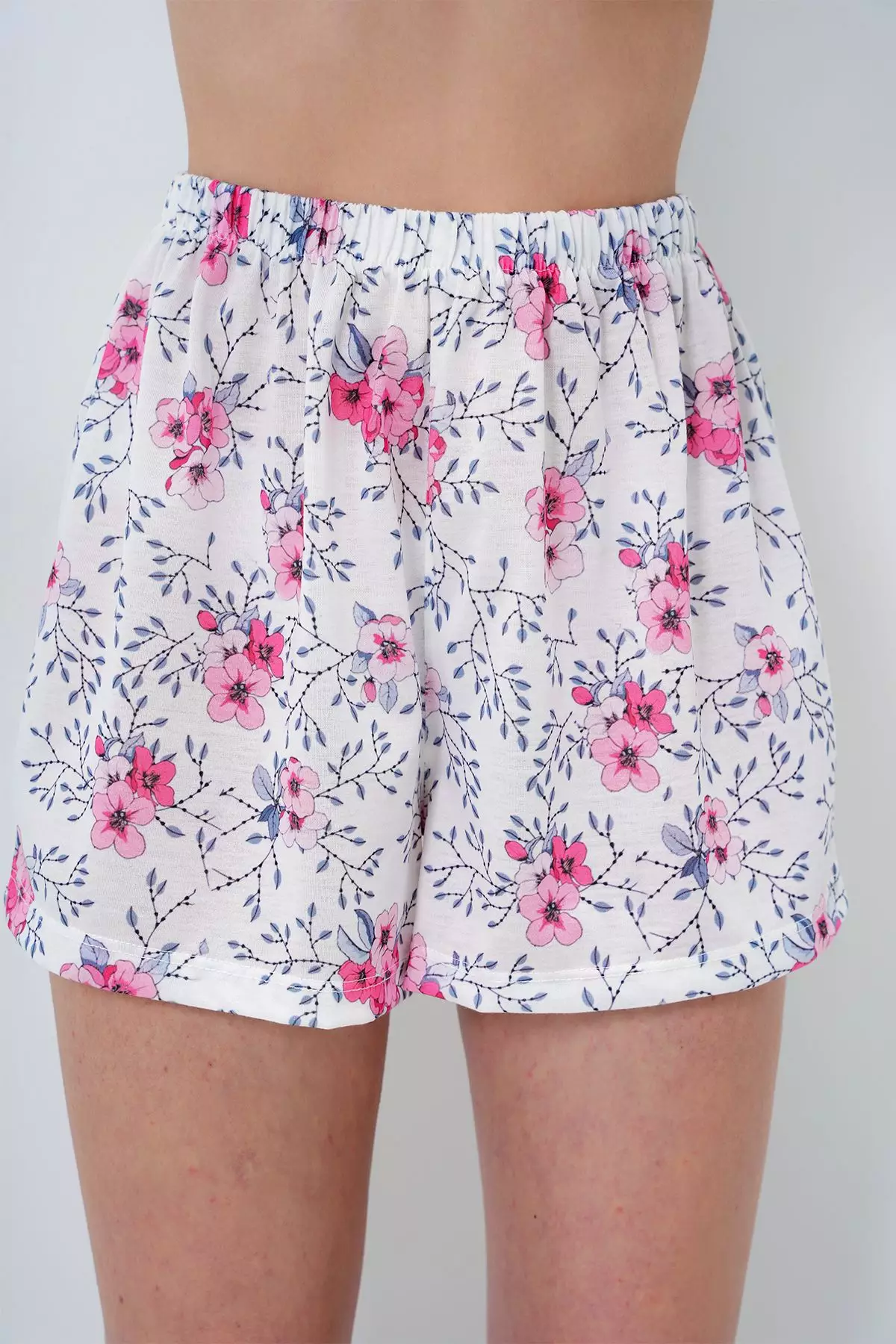 Women's Gray Pink Floral Pattern Knitted Cotton Shirt And Shorts Pajamas Set Pjm-X13886