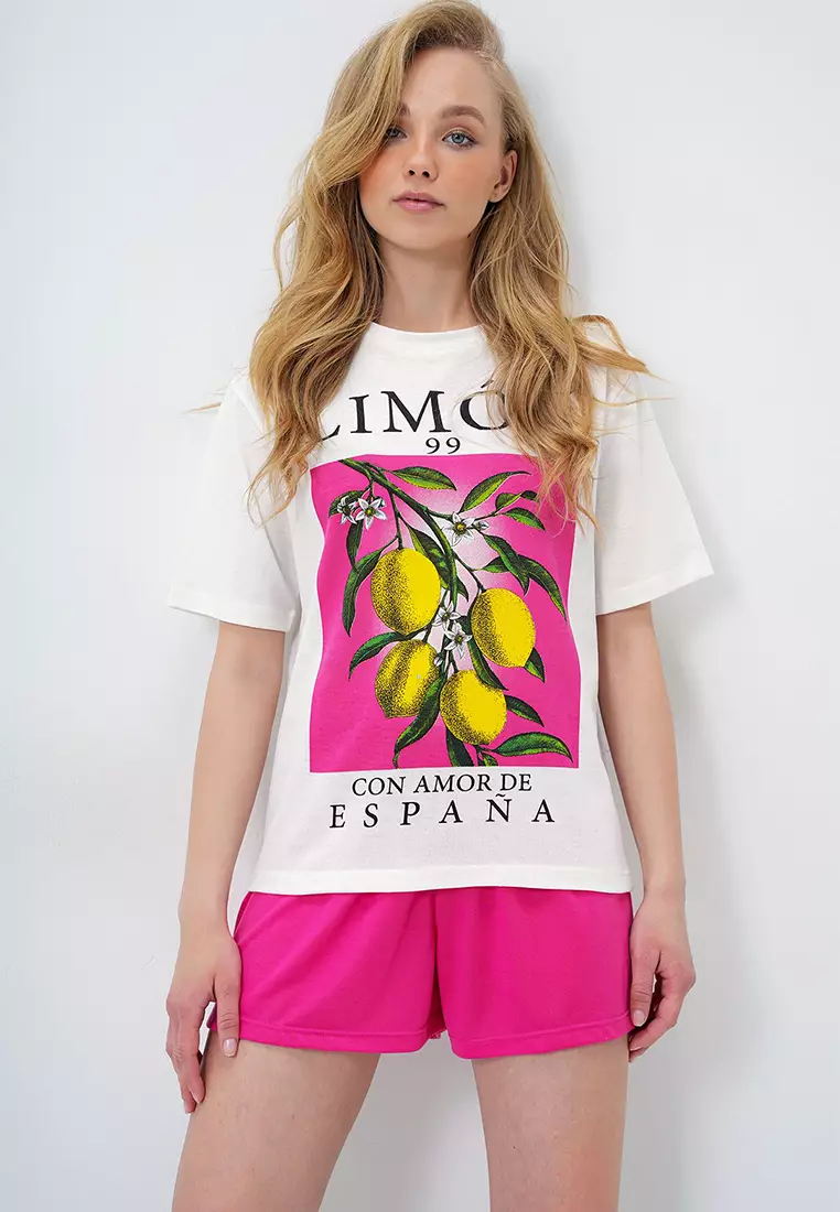 Women's Fuchsia Lemon Printed Cotton Basic T-Shirt And Shorts Pajama Set Pjm-X13903