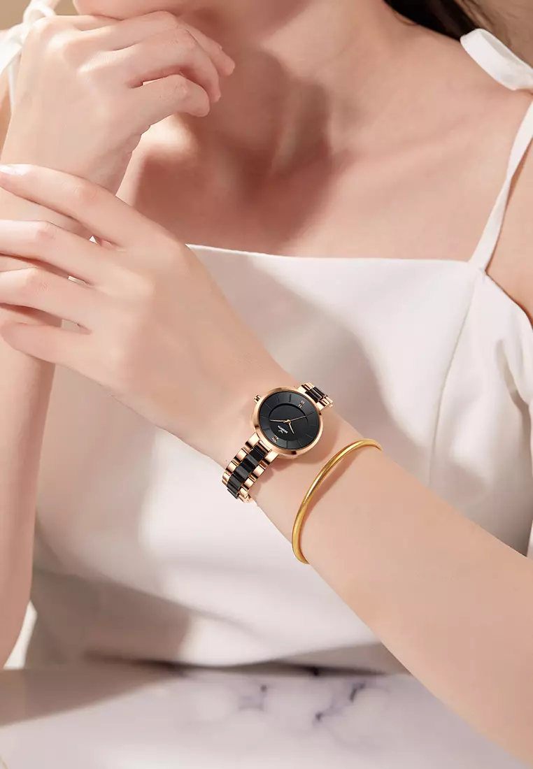 Jam Tangan Wanita Anti Air Original Korea Elegan Kuarsa Tali Keramik Jam Tangan Cewek roseblack