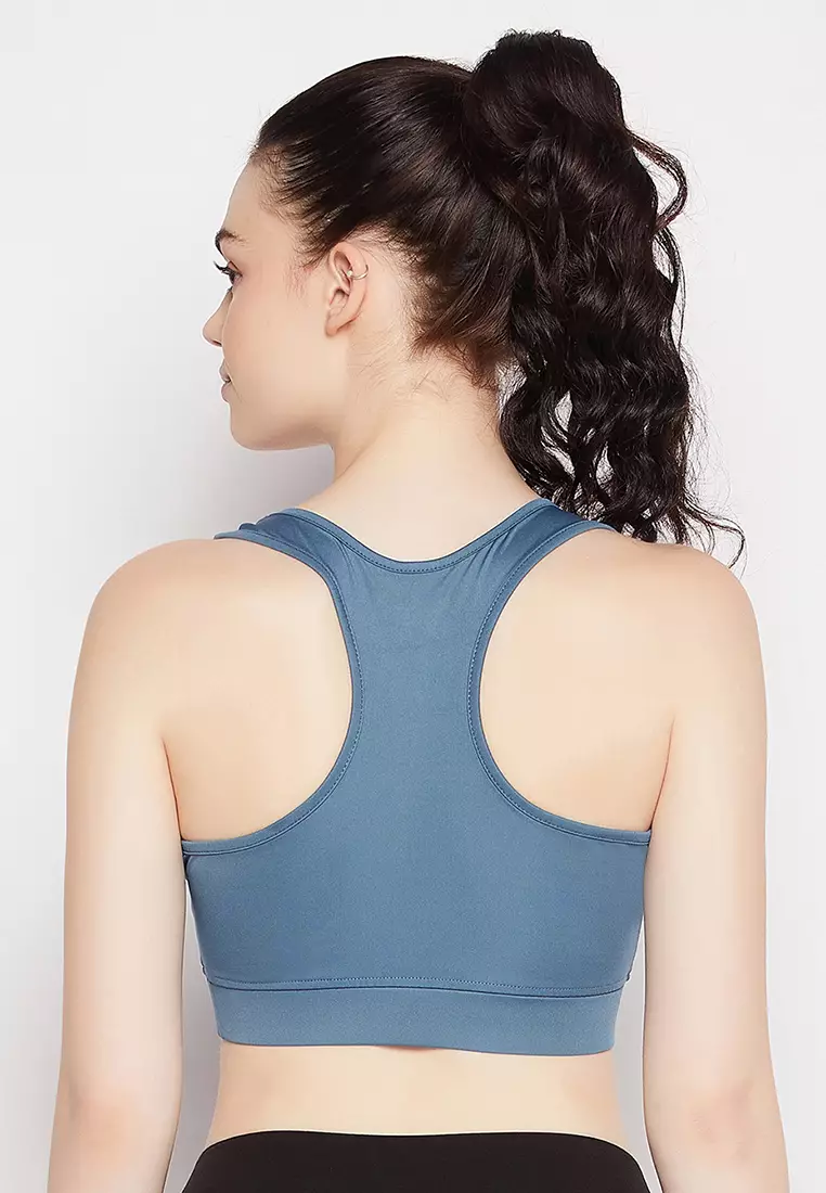 Clovia Medium Impact Padded Sports Bra in Stone Blue with Racerback
