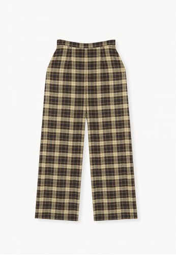 Jual Pomelo High Waisted Tartan  Wide Leg Pants Brown 