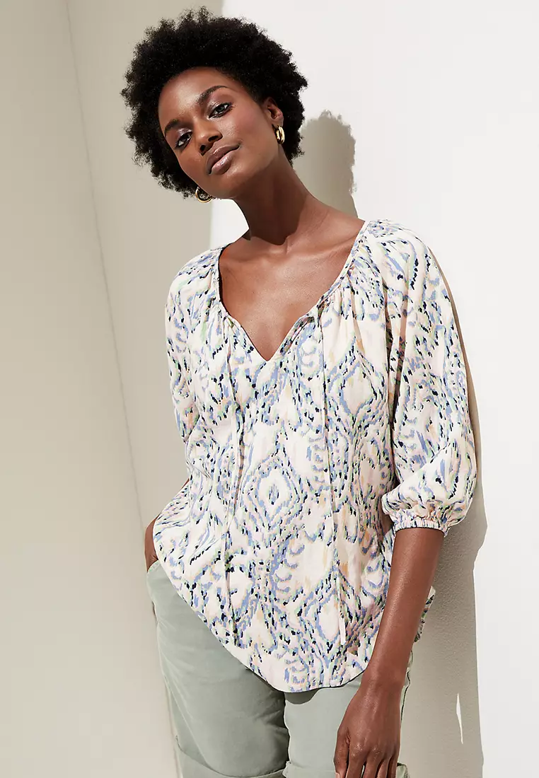 Linen Rich Printed Tie Neck Blouse