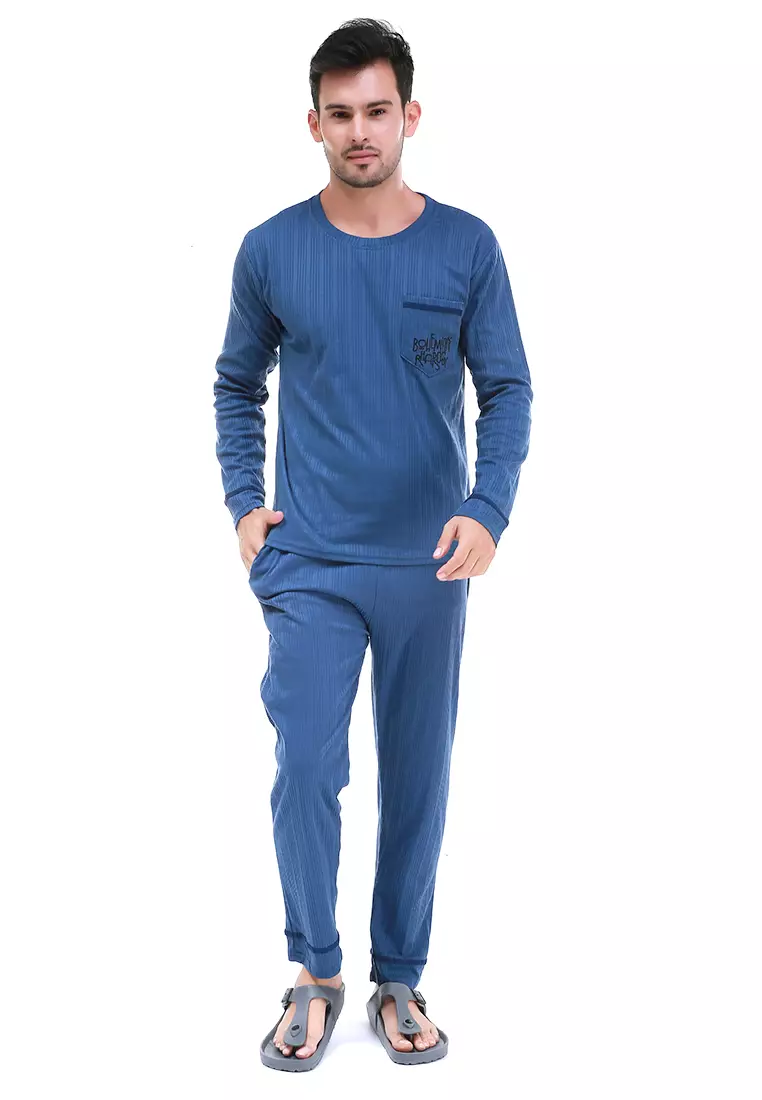 Klicin Setelan Baju Tidur Piyama Pria Word Pockets One Set Sleepwear Pajamas Material Fabric ORIGINAL - Navy