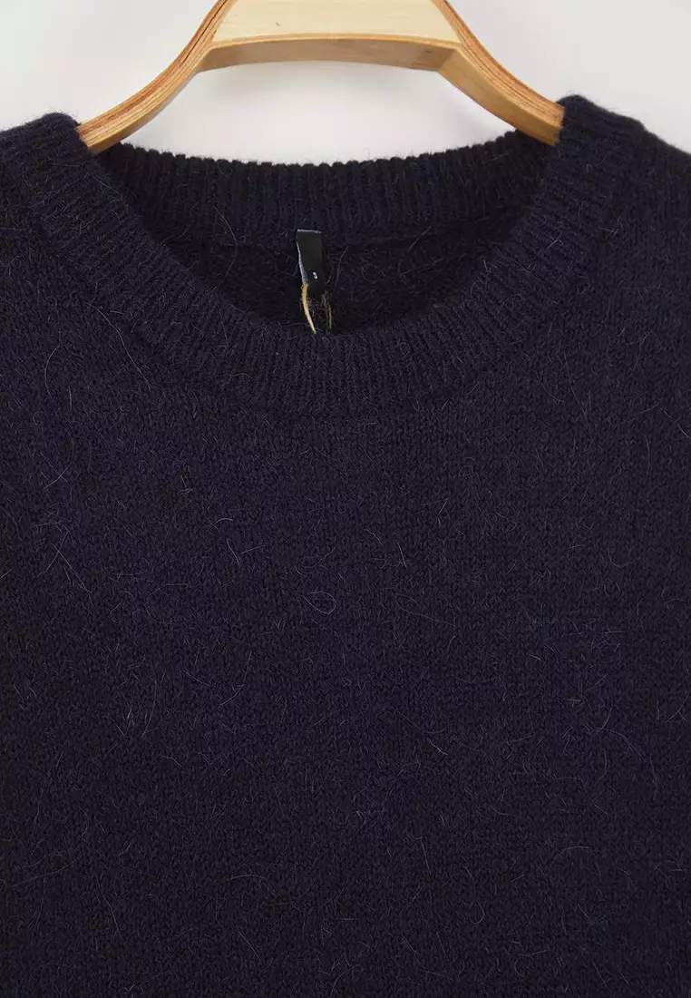 Navy Blue Alpaca Wool Blended Wide Fit Premium Yarn Knitwear Sweater