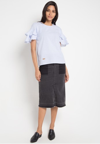 Jual LOIS JEANS Stripe Ruffle Blouse Original  ZALORA 