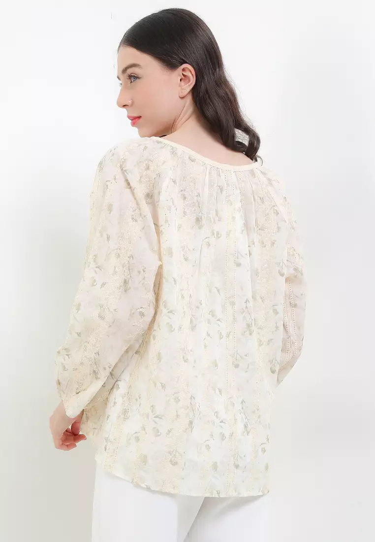 L/S Flo Print Eyelet Blouse W/ Lace Tie