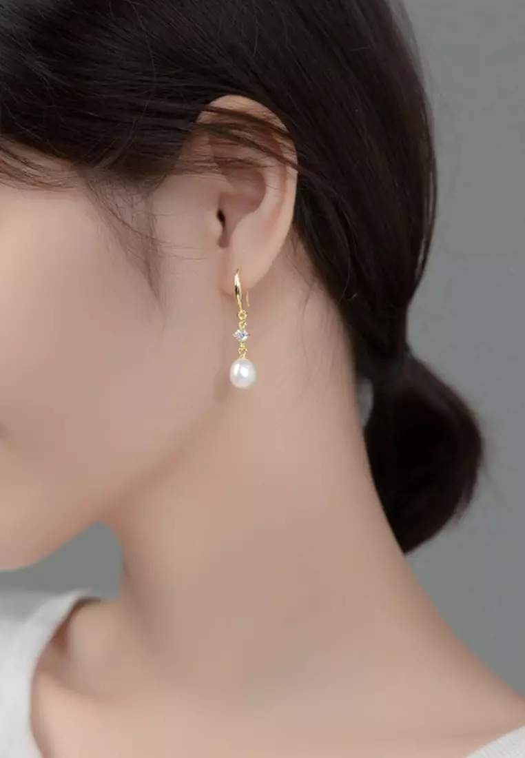 925 Silver Plated Gold Zircon Drop Freshwater Pearl Earrings JW AR-G9857