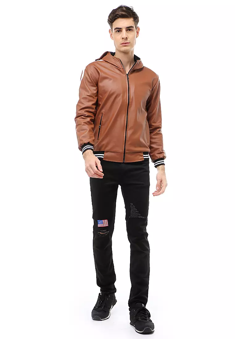 Halbert Outerwear Jaket Kulit Hoodie Pria Model List Material Leather ORIGINAL - Light Brown