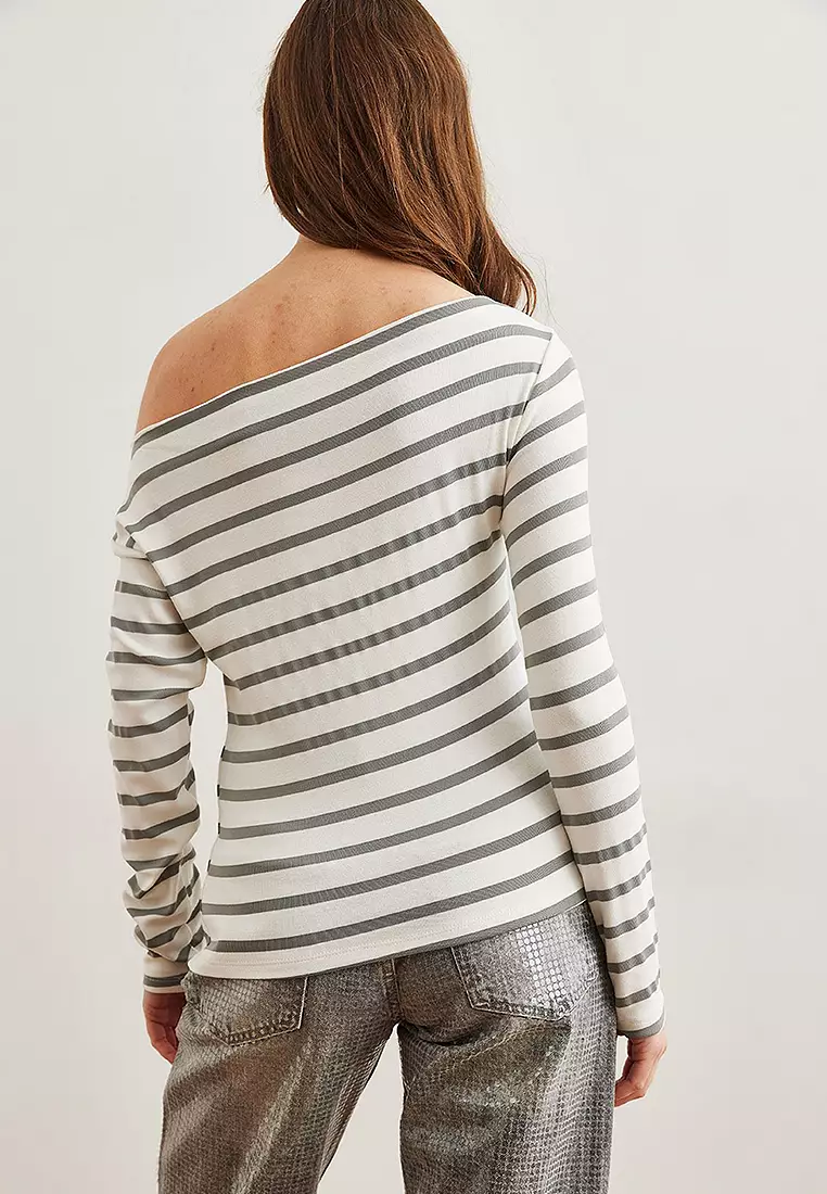 Stripe Boat Neck Flexible Blouse