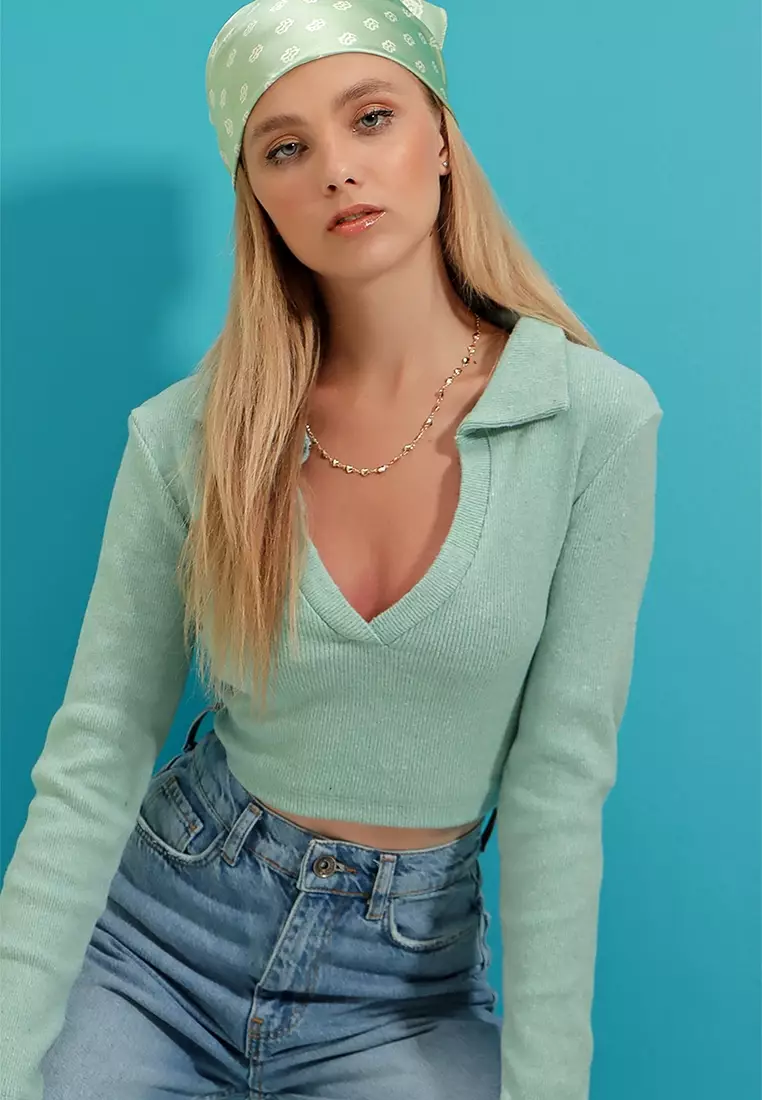 Ribbed Polo Neck Crop Top