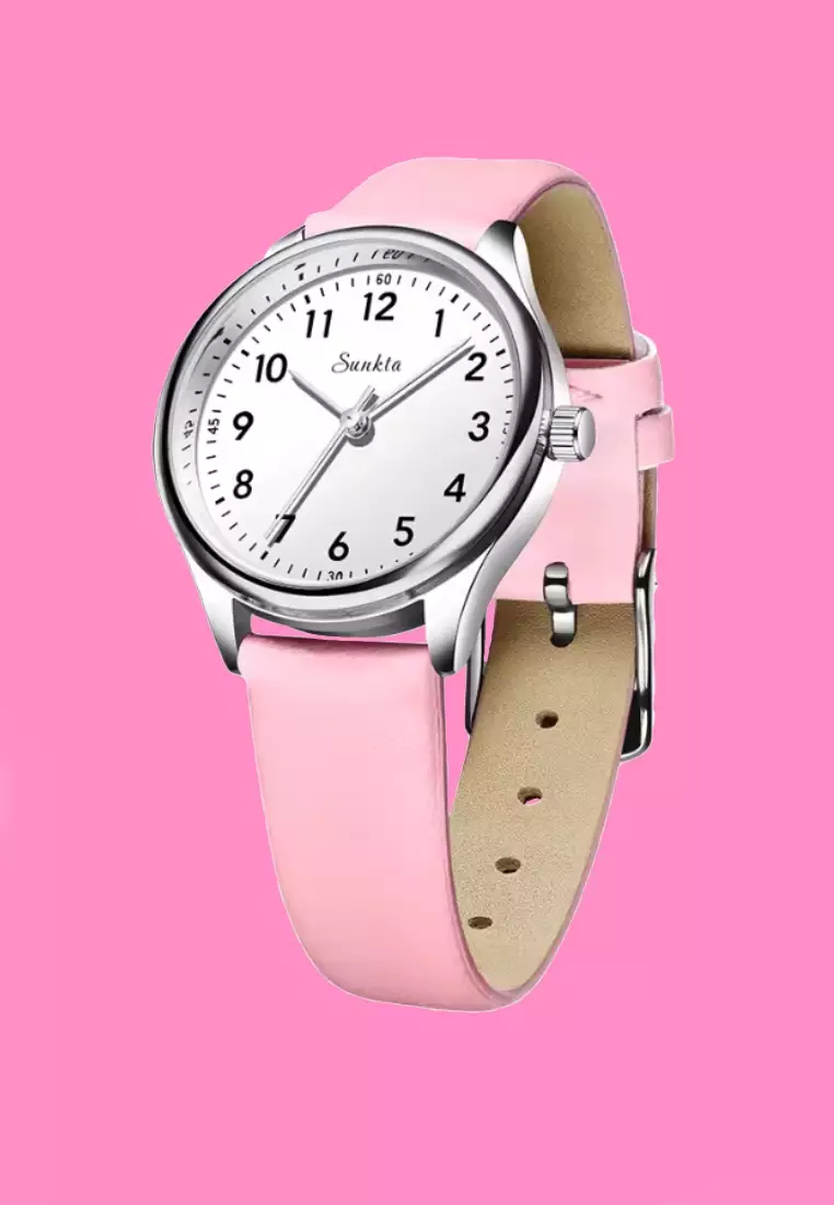 SUNKTA Round Ladies Quartz Watch, Light Weight Metal Alloy, Leather Strap