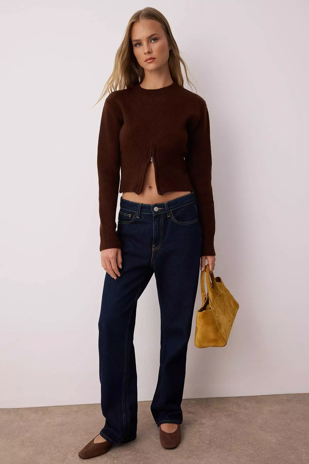 Brown Soft Textured Corset Zipper Detailed Knitwear Sweater