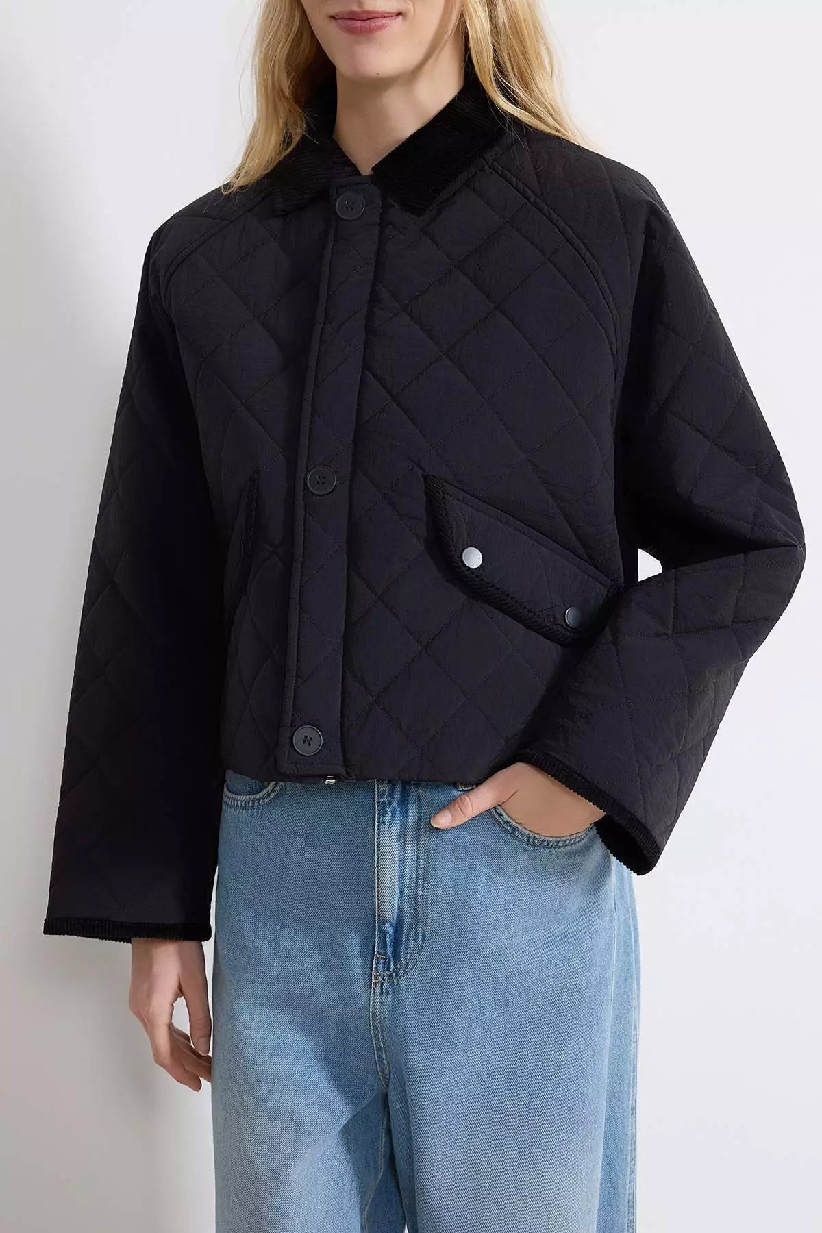 Black Oversize Quilted Velvet Collar Detailed Seasonal Coat Twoss26Mo24