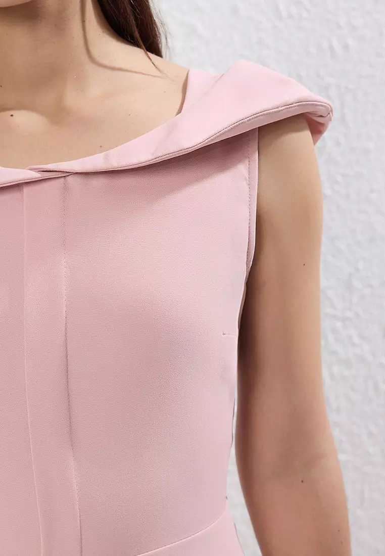 Pink Plain Skirt Waist Opening Collar Detail Lined Mini Woven Dress TWOSS25EL00130