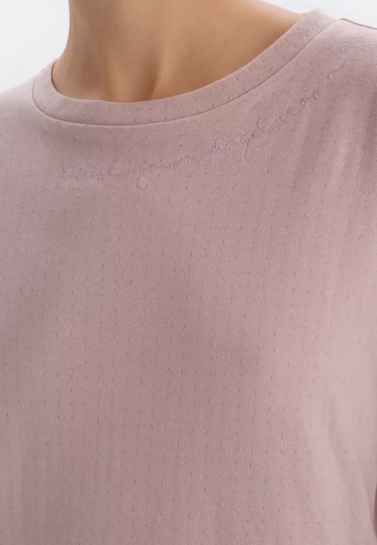 Light Pink T-Shirt & Trousers Knitwear Set, Slogan Printed, Crew Neck, Oversize, Long Leg, Short Sleeve Sleepwear for Women