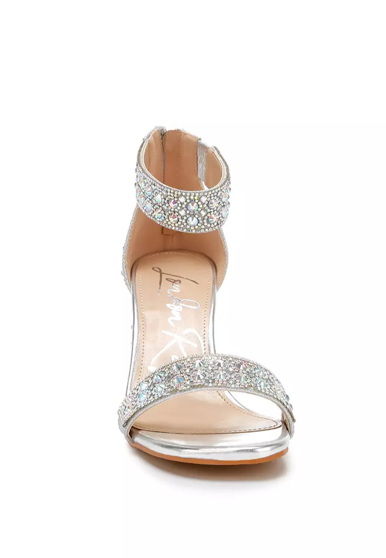 Rhinestones And Sequins Block Sandals in Silver