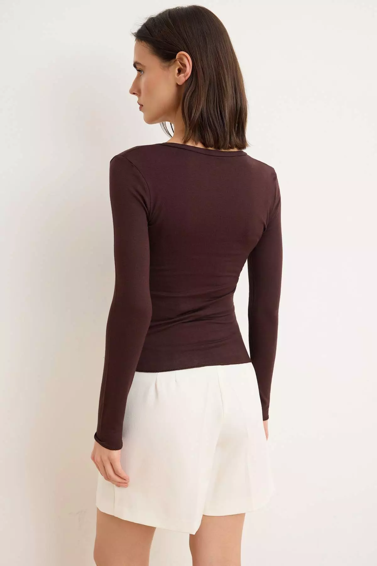 Brown Fitted/V-Neck Long Sleeve Cotton Rib Knit Knitted Blouse Twoss26Bz743