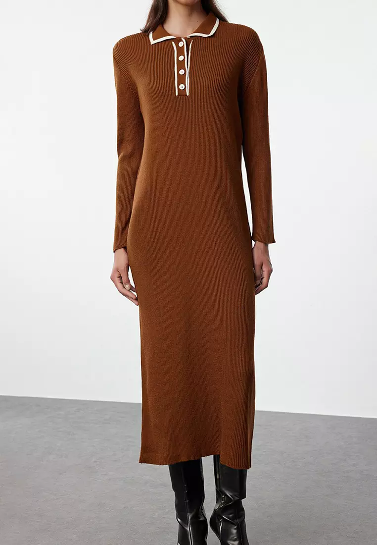 Brown Polo Button-Down Collared Knitted Dress Tctaw25Eb00044
