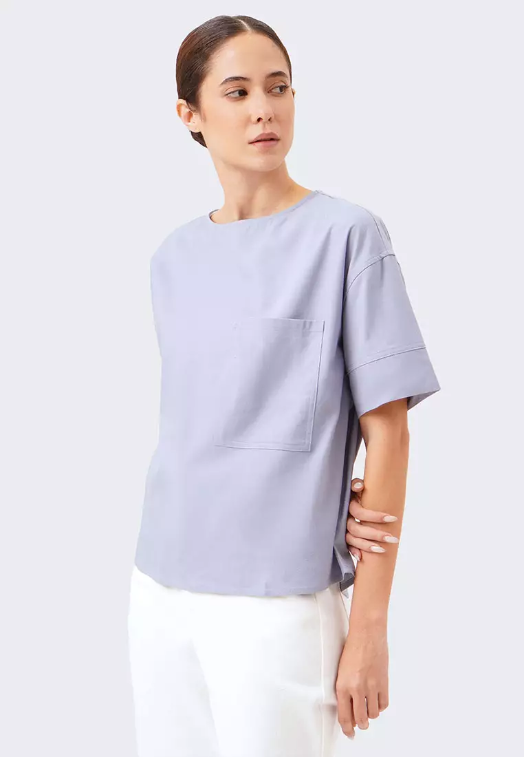 Women's Boxy Boat Neck Woven Top with Pocket