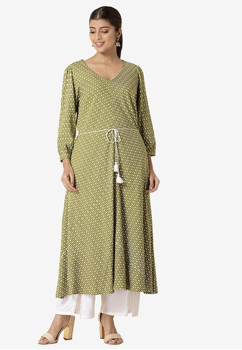 Indya green Olive White Striped Mitered A-Line Tunic 8CFC5AA935AA96GS_1