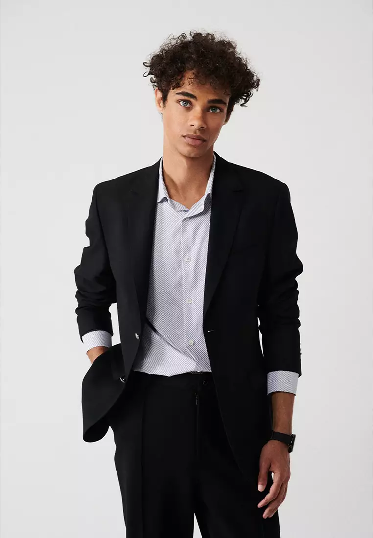 Men's Black Flap Pocket Lined Double Slit Woolen Jacket A32Y4029