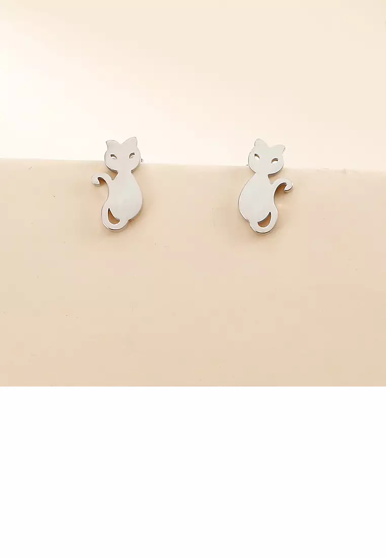 Simple and Cute Cat 316L Stainless Steel Necklace and Stud Earrings Set