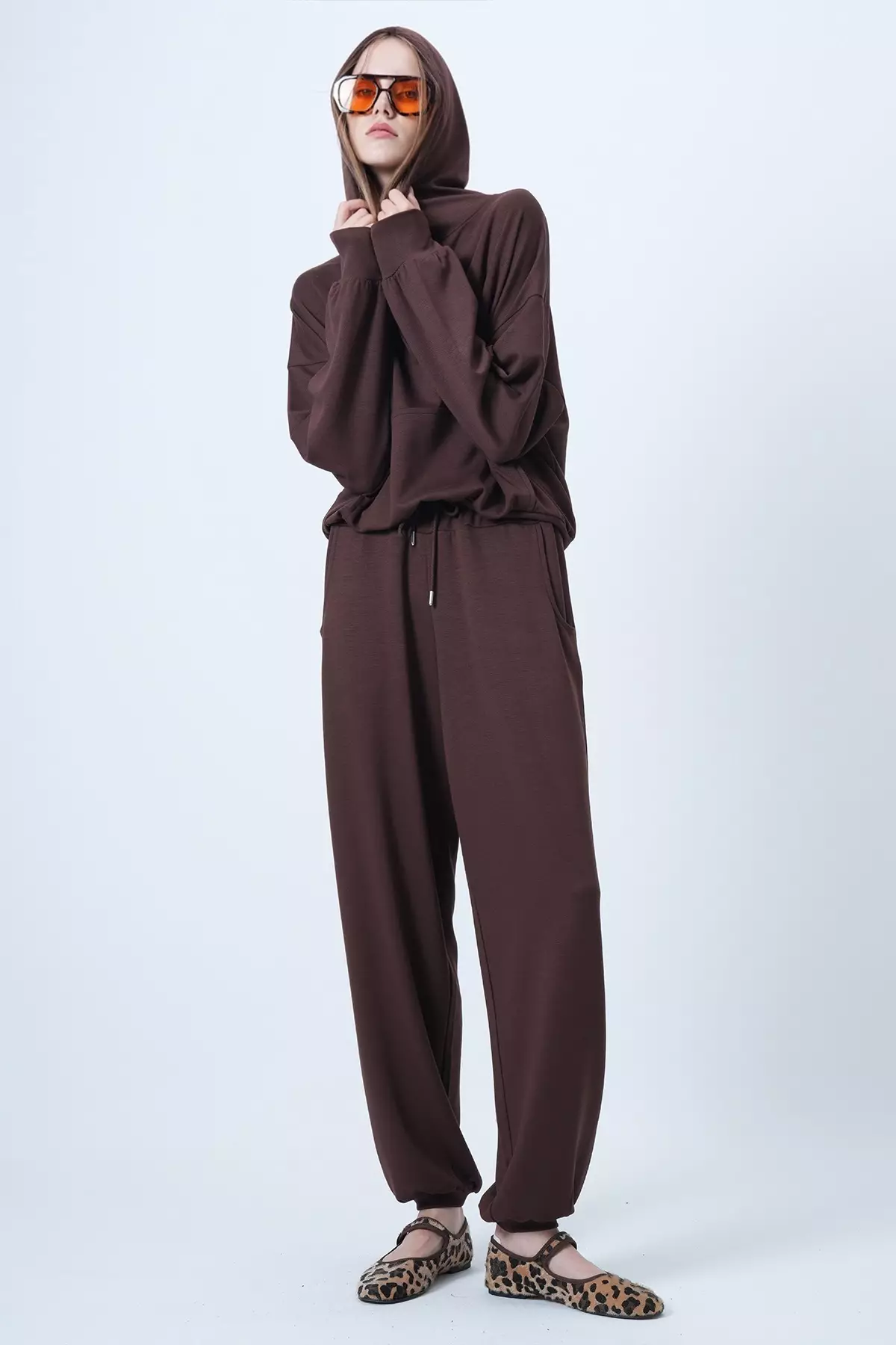 Brown Hooded V-Neck Oversize Modal Sweatshirt And Pants Set Alc-X14646