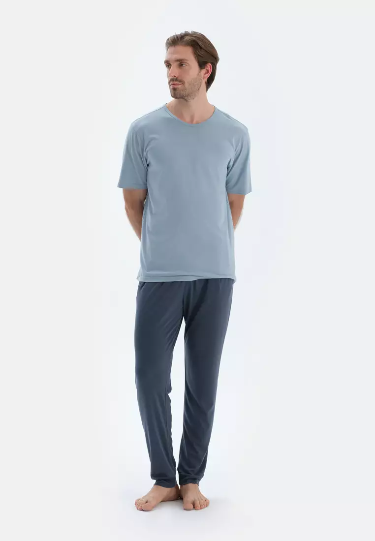 Blue T-Shirt, Crew Neck, Regular, Short Sleeve Sleepwear for Men