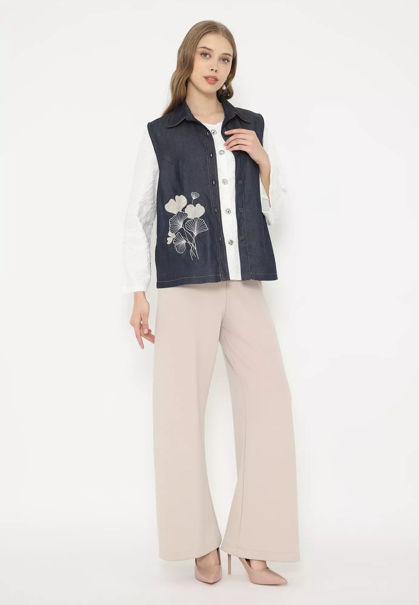 Denim Vest With Embroidery In Navy By Brilliant Girl Warna NAVY